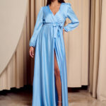 Φόρεμα maxi σατέν με V ντεκολτέ baby blue
