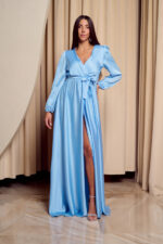 Φόρεμα maxi σατέν με V ντεκολτέ baby blue