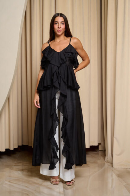 Μπλούζα σιθρού μακριά με ασύμμετρα βολάν μαύρο