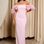 Φόρεμα maxi off shoulder με διακοσμητικές πέρλες baby pink