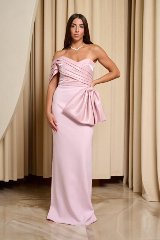 Φόρεμα maxi one shoulder με σατέν πιέτες και φιόγκο baby pink