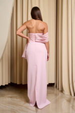 Φόρεμα maxi one shoulder με σατέν πιέτες και φιόγκο baby pink