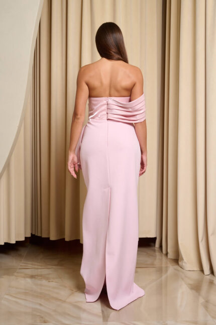 Φόρεμα maxi one shoulder με σατέν πιέτες και φιόγκο baby pink
