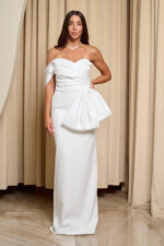 Φόρεμα maxi one shoulder με σατέν πιέτες και φιόγκο λευκό