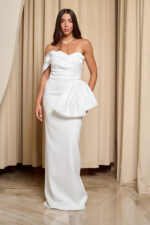 Φόρεμα maxi one shoulder με σατέν πιέτες και φιόγκο λευκό