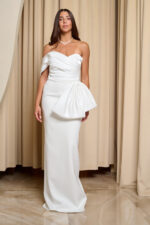 Φόρεμα maxi one shoulder με σατέν πιέτες και φιόγκο λευκό