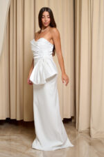 Φόρεμα maxi one shoulder με σατέν πιέτες και φιόγκο λευκό