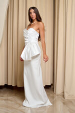 Φόρεμα maxi one shoulder με σατέν πιέτες και φιόγκο λευκό