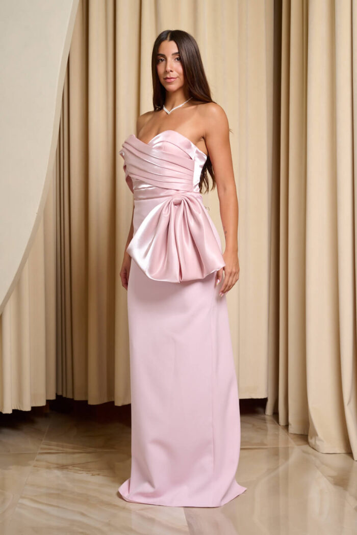Φόρεμα maxi one shoulder με σατέν πιέτες και φιόγκο baby pink