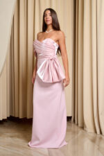 Φόρεμα maxi one shoulder με σατέν πιέτες και φιόγκο baby pink