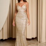 Φόρεμα maxi με παγιέτα και βαθύ V ντεκολτέ χρυσό