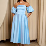 Φόρεμα midi σατέν με balloon μανίκια baby blue
