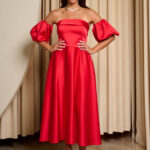 Φόρεμα midi σατέν με balloon μανίκια κόκκινο