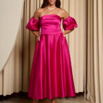 Φόρεμα midi σατέν με balloon μανίκια ματζέντα