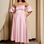 Φόρεμα midi σατέν με balloon μανίκια baby pink