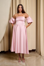 Φόρεμα midi σατέν με balloon μανίκια baby pink