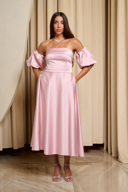 Φόρεμα midi σατέν με balloon μανίκια baby pink