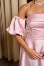 Φόρεμα midi σατέν με balloon μανίκια baby pink