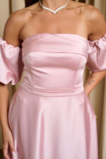 Φόρεμα midi σατέν με balloon μανίκια baby pink