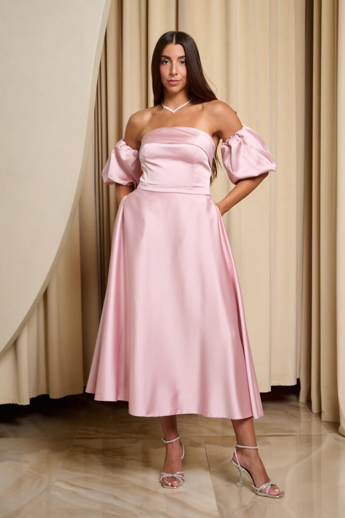 Φόρεμα midi σατέν με balloon μανίκια baby pink