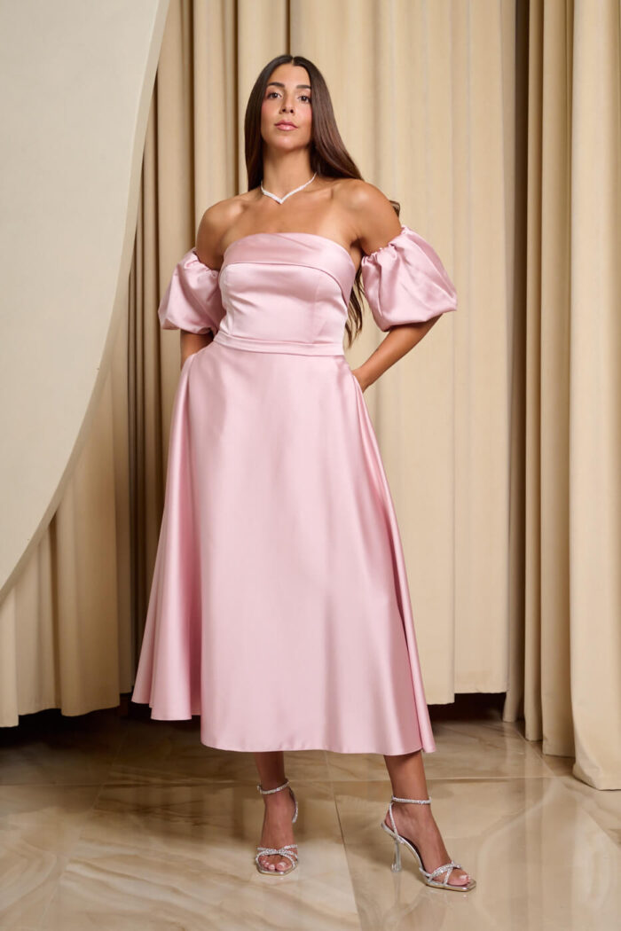 Φόρεμα midi σατέν με balloon μανίκια baby pink