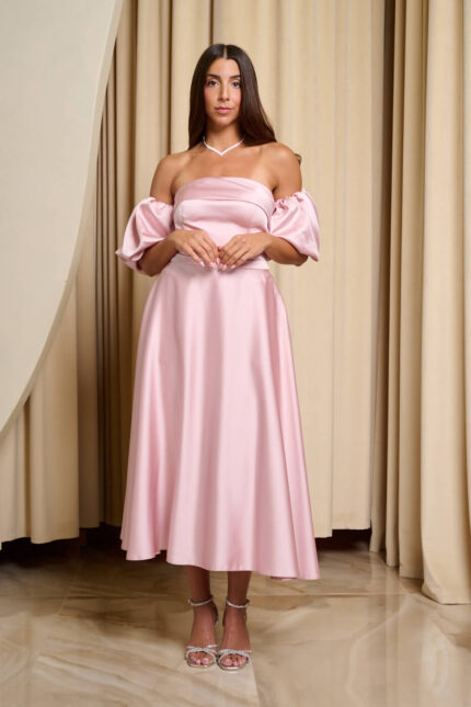Φόρεμα midi σατέν με balloon μανίκια baby pink