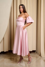 Φόρεμα midi σατέν με balloon μανίκια baby pink