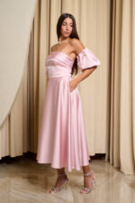 Φόρεμα midi σατέν με balloon μανίκια baby pink