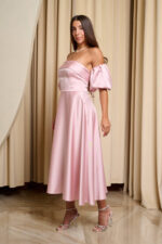 Φόρεμα midi σατέν με balloon μανίκια baby pink