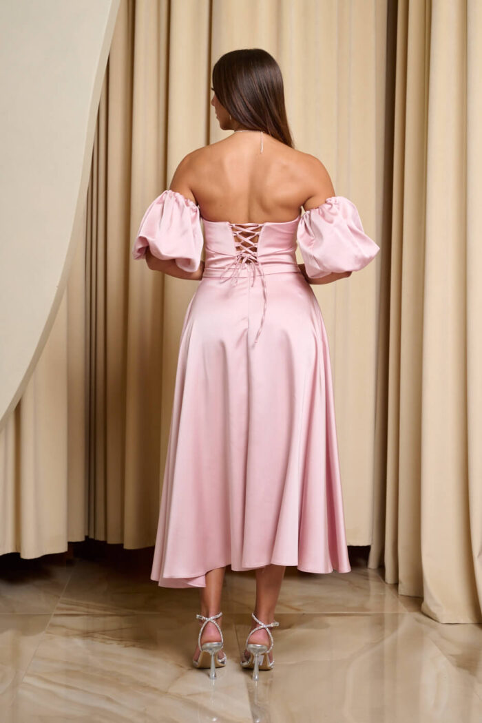 Φόρεμα midi σατέν με balloon μανίκια baby pink