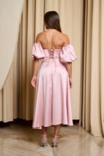 Φόρεμα midi σατέν με balloon μανίκια baby pink