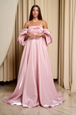Φόρεμα maxi ταφτάς γυαλιστερός με balloon μανίκια baby pink