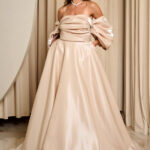 Φόρεμα maxi ταφτάς γυαλιστερός με balloon μανίκια μπεζ - χρυσό