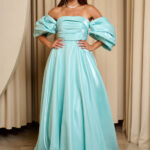 Φόρεμα maxi ταφτάς γυαλιστερός με balloon μανίκια μέντα