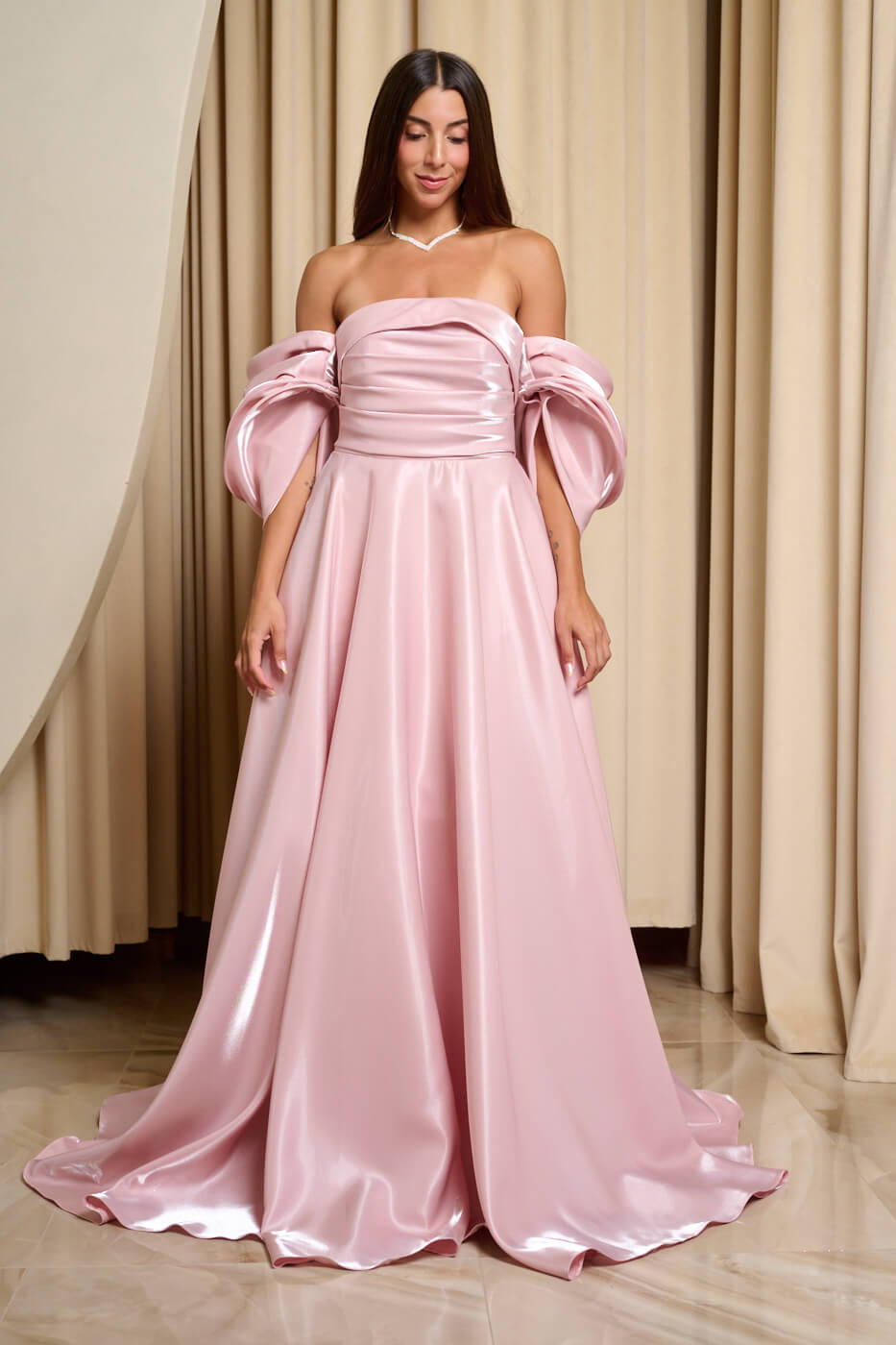Φόρεμα maxi ταφτάς γυαλιστερός με balloon μανίκια baby pink