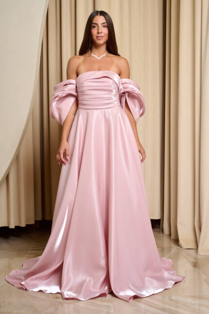 Φόρεμα maxi ταφτάς γυαλιστερός με balloon μανίκια baby pink