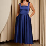 Φόρεμα midi σατέν με τιράντες navy blue