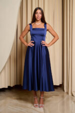 Φόρεμα midi σατέν με τιράντες navy blue - Image 3