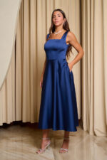 Φόρεμα midi σατέν με τιράντες navy blue - Image 4