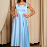 Φόρεμα midi σατέν με τιράντες baby blue