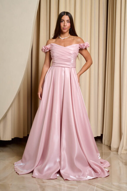 Φόρεμα maxi γυαλιστερός ταφτάς και τιράντες με λουλούδια baby pink