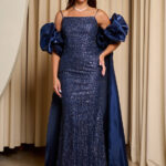Φόρεμα maxi με παγιέτα, πέρλες και ουρά με τριαντάφυλλα midnight blue