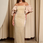 Φόρεμα maxi off shoulder με στρας και balloon μανίκια μπεζ-χρυσό