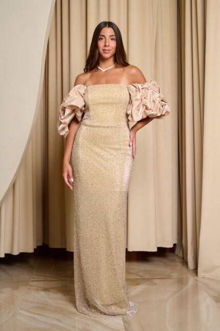 Φόρεμα maxi off shoulder με στρας και balloon μανίκια μπεζ-χρυσό