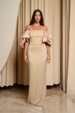 Φόρεμα maxi off shoulder με στρας και balloon μανίκια μπεζ-χρυσό - Image 2