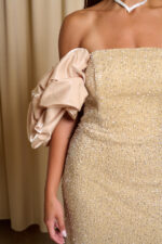 Φόρεμα maxi off shoulder με στρας και balloon μανίκια μπεζ-χρυσό - Image 12