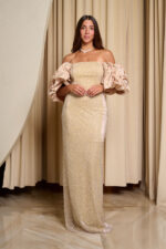 Φόρεμα maxi off shoulder με στρας και balloon μανίκια μπεζ-χρυσό - Image 3