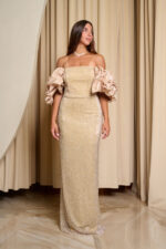 Φόρεμα maxi off shoulder με στρας και balloon μανίκια μπεζ-χρυσό - Image 4