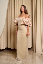 Φόρεμα maxi off shoulder με στρας και balloon μανίκια μπεζ-χρυσό - Image 5