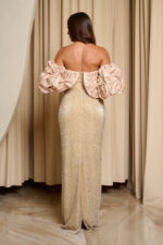 Φόρεμα maxi off shoulder με στρας και balloon μανίκια μπεζ-χρυσό - Image 7